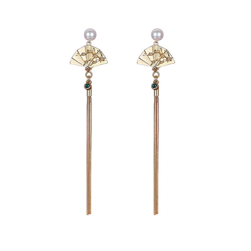 Palace Fan Pearl Earrings | Chinese Inspired Tassel Jewelry