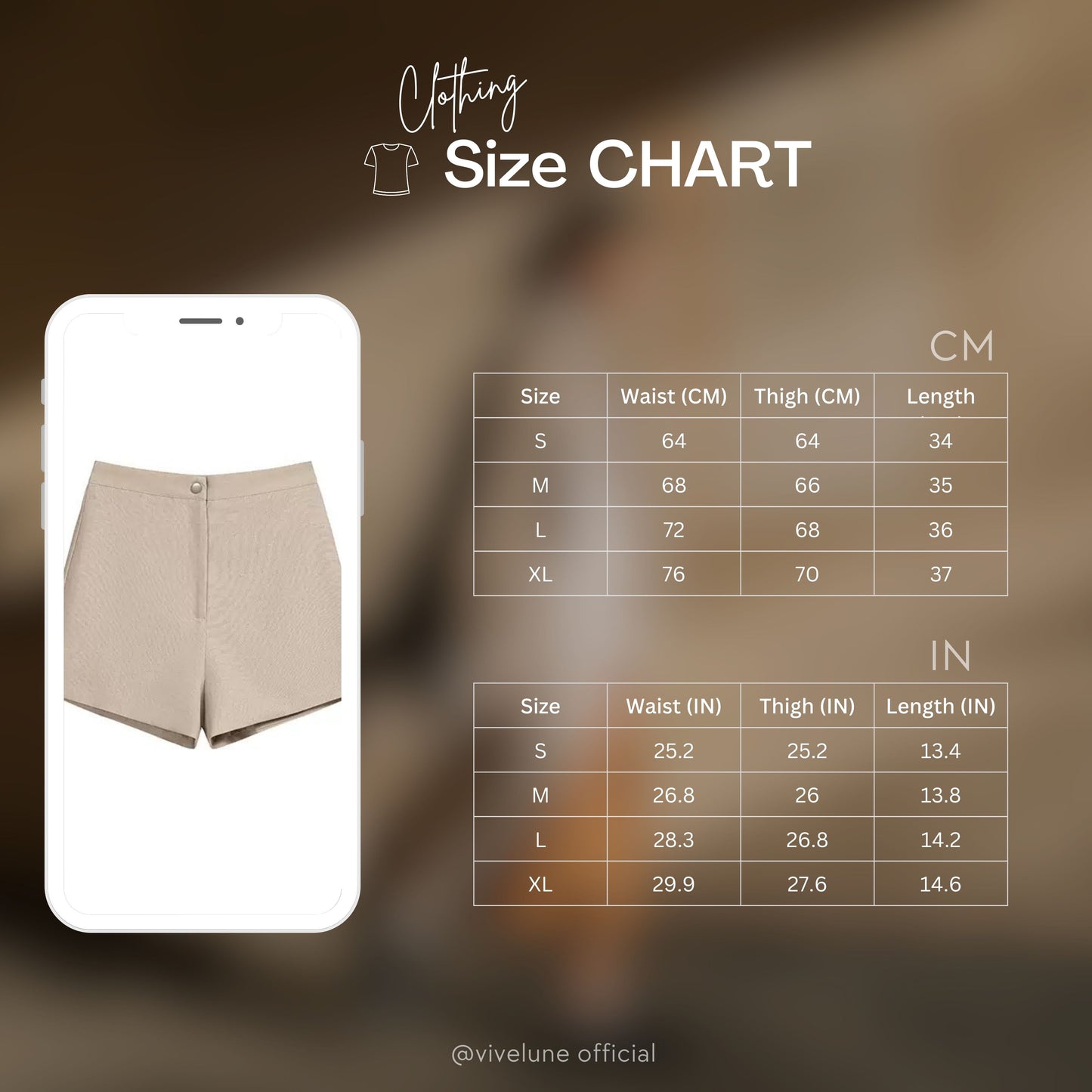 Clothing size chart with a smartphone displaying shorts on a blurred background