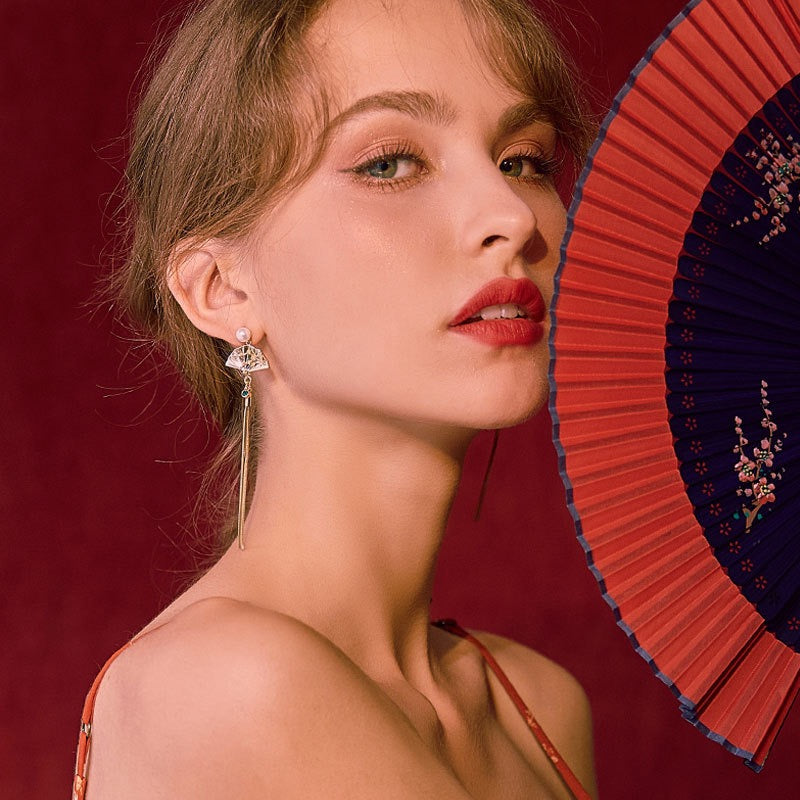 Palace Fan Pearl Earrings | Chinese Inspired Tassel Jewelry