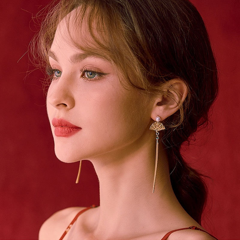 Palace Fan Pearl Earrings | Chinese Inspired Tassel Jewelry