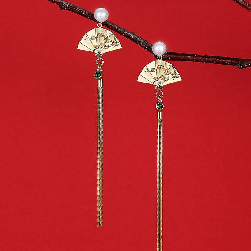 Palace Fan Pearl Earrings | Chinese Inspired Tassel Jewelry
