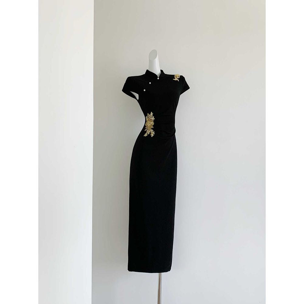 Modern Black & Gold Cheongsam | Embroidered Banquet Qipao Dress