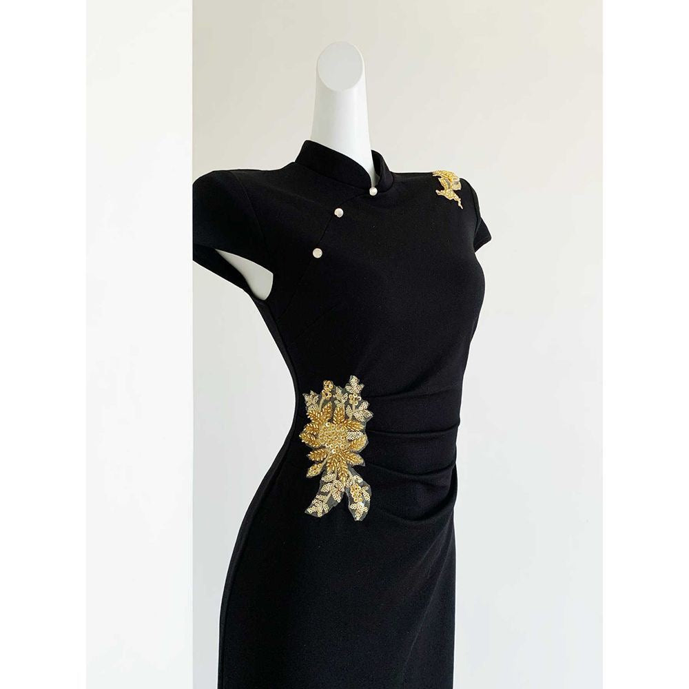 Modern Black & Gold Cheongsam | Embroidered Banquet Qipao Dress