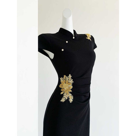 The Gala Qipao | Black & Gold Embroidered Dress | Modern Heirloom