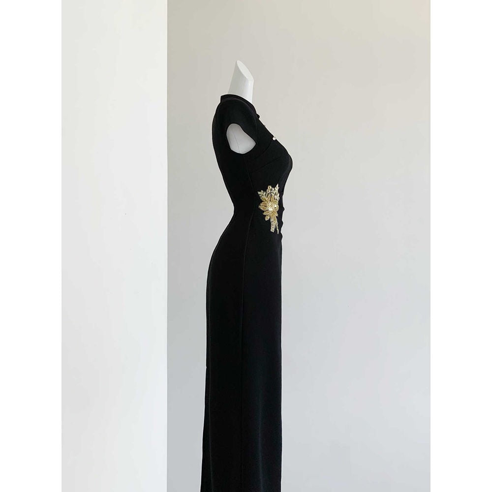 Modern Black & Gold Cheongsam | Embroidered Banquet Qipao Dress