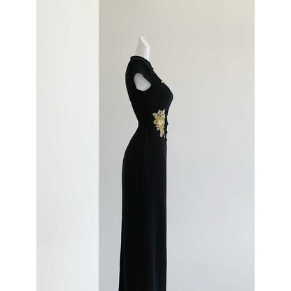 The Gala Qipao | Black & Gold Embroidered Dress | Modern Heirloom