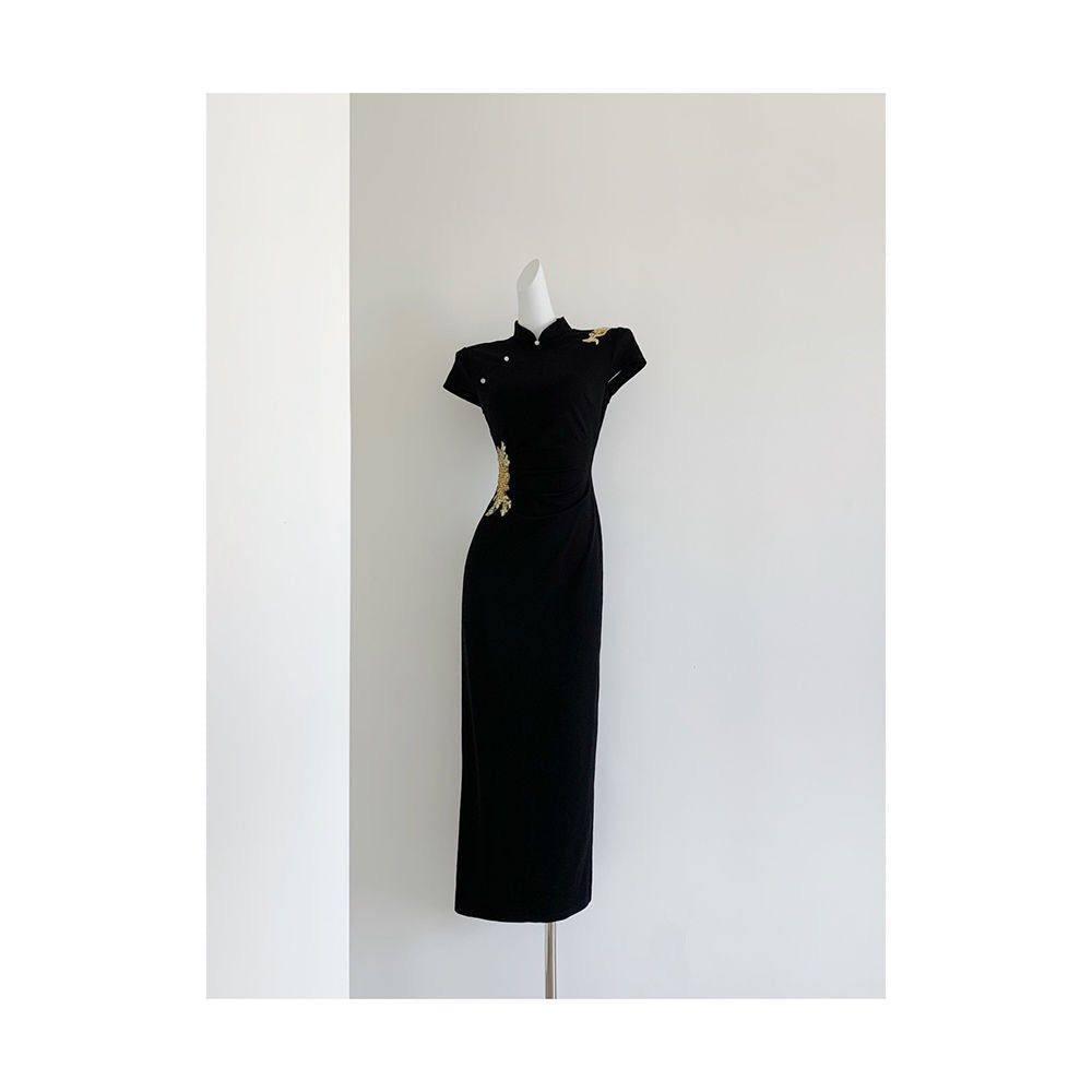 Modern Black & Gold Cheongsam | Embroidered Banquet Qipao Dress
