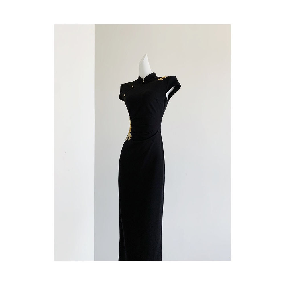 Modern Black & Gold Cheongsam | Embroidered Banquet Qipao Dress