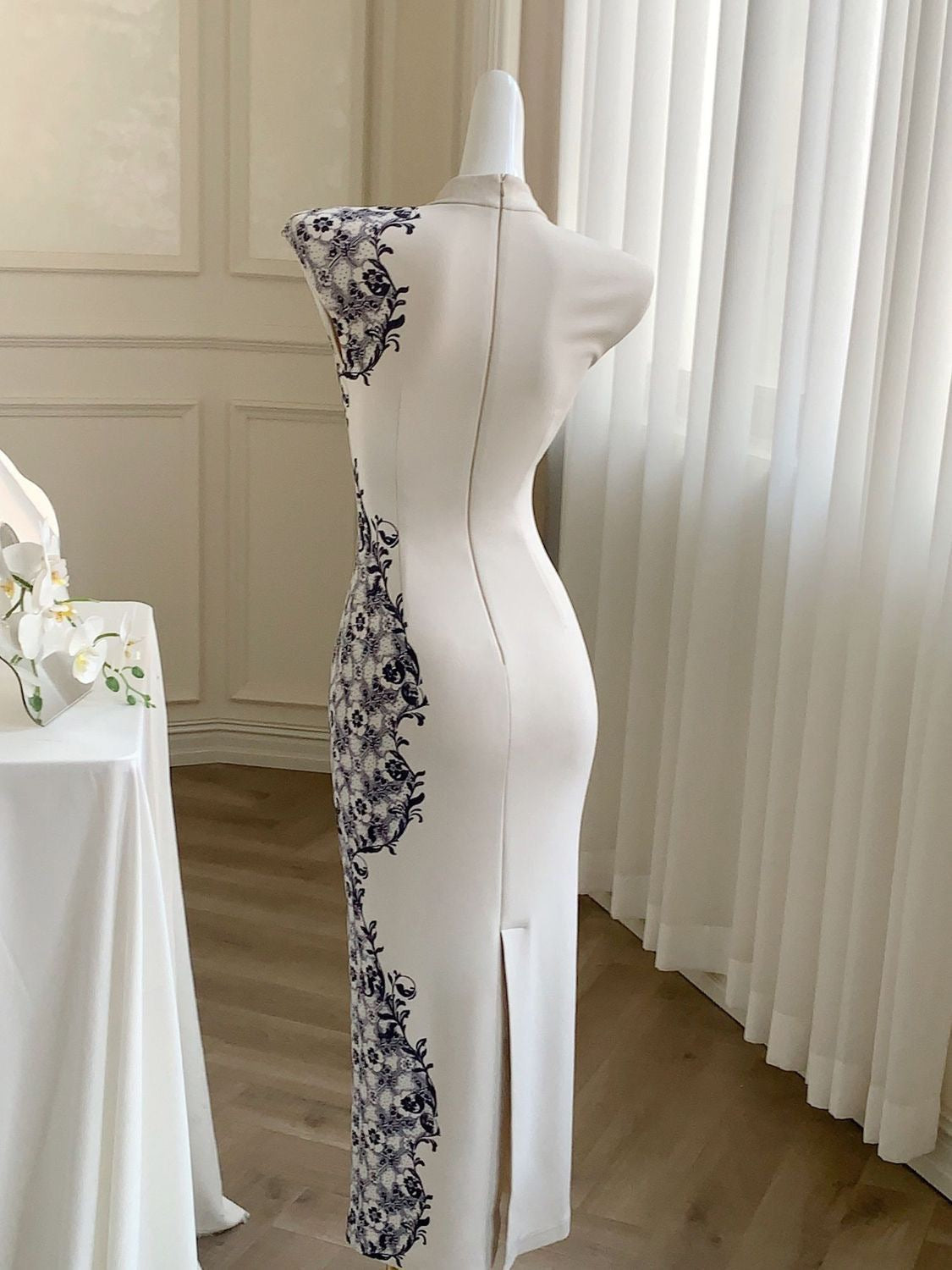 The Celestial Qipao | Modern Cheongsam Dress with Indigo Print
