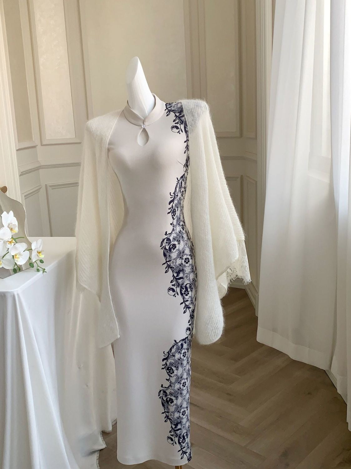 The Celestial Qipao | Modern Cheongsam Dress with Indigo Print