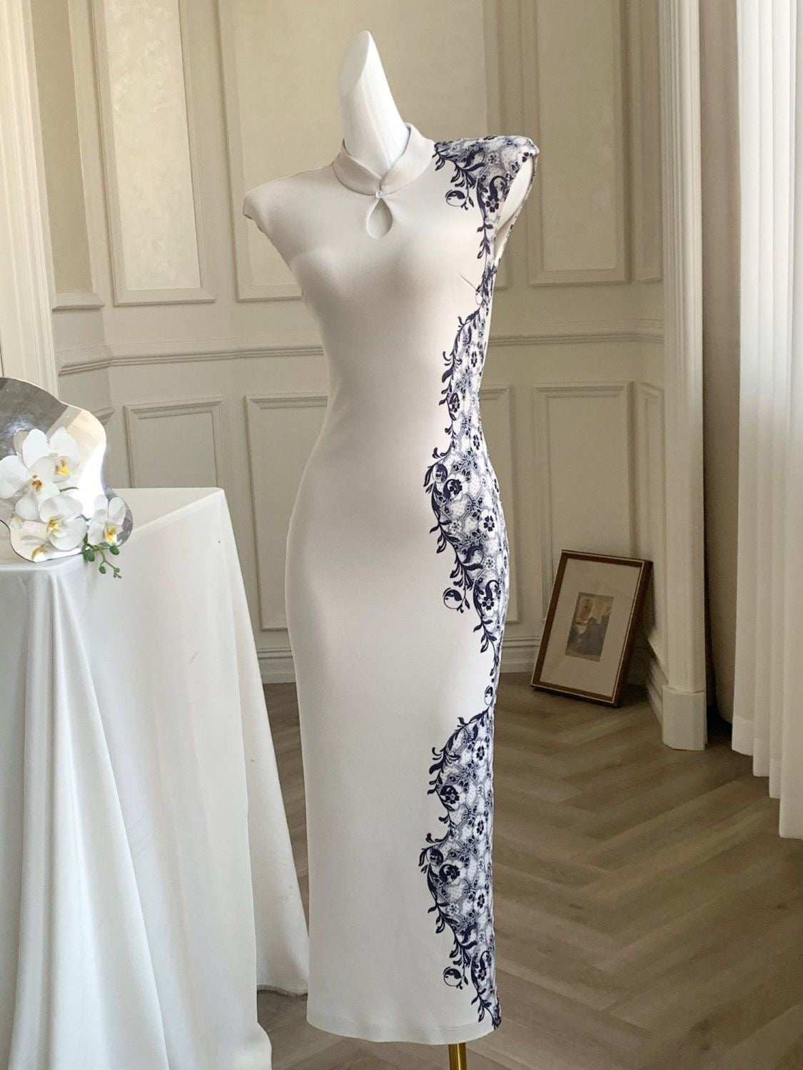 The Celestial Qipao | Modern Cheongsam Dress with Indigo Print