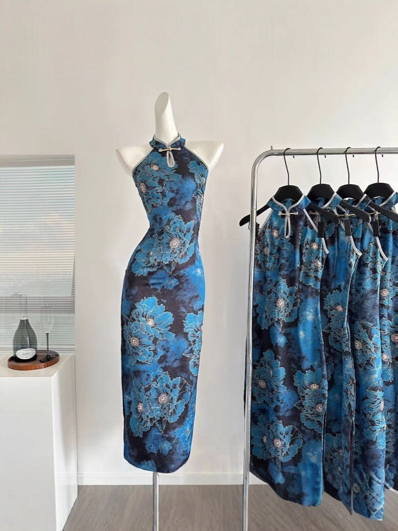 Peony Print Halterneck Cheongsam | Modern Qipao Dinner Dress