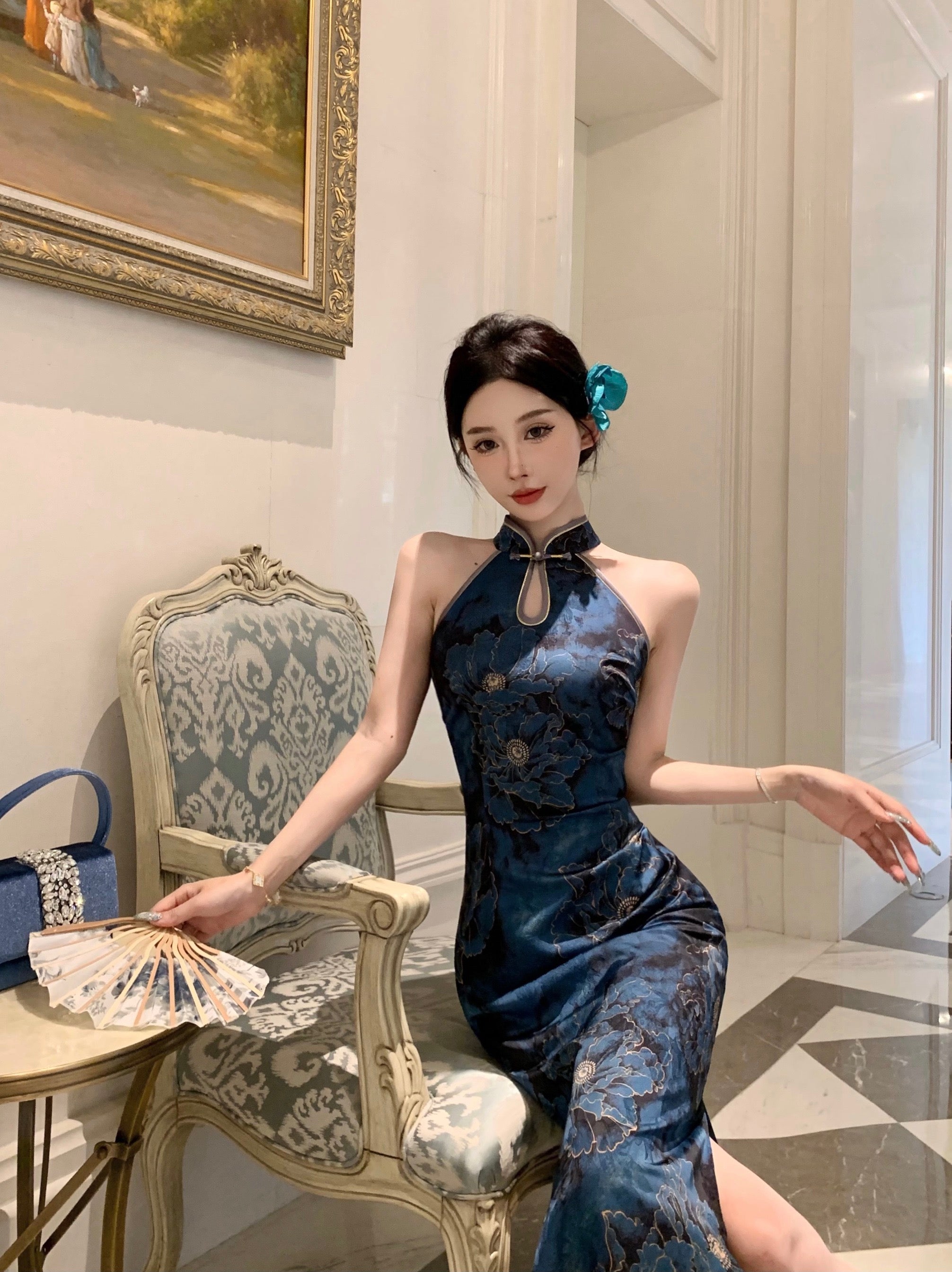 Peony Print Halterneck Cheongsam | Modern Qipao Dinner Dress