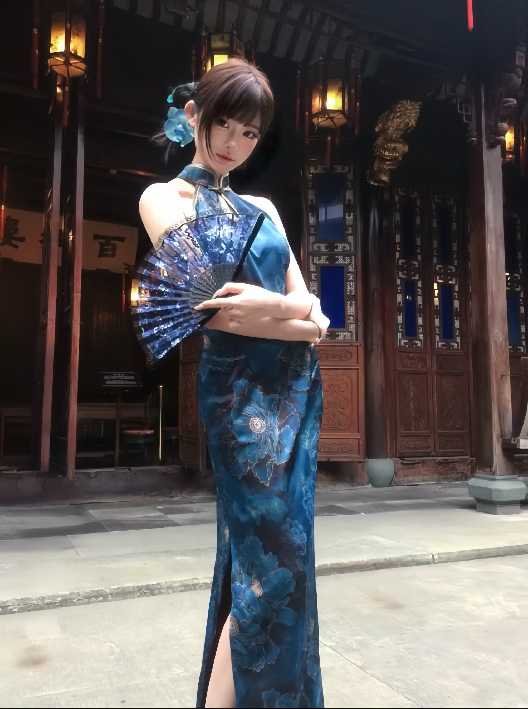 Peony Print Halterneck Cheongsam | Modern Qipao Dinner Dress