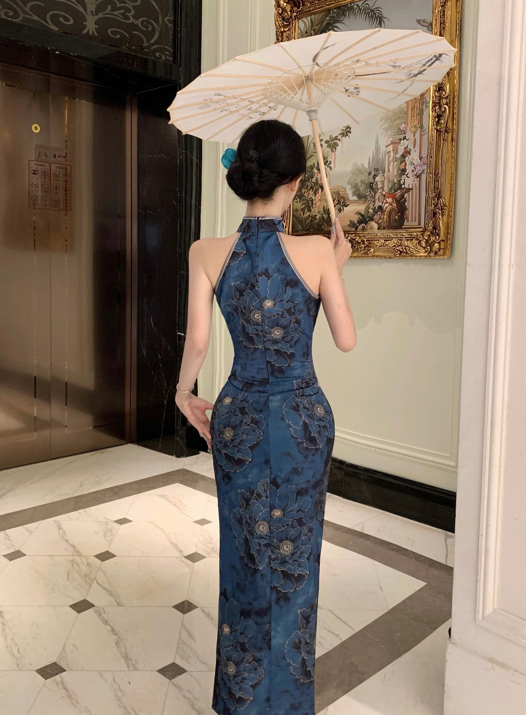 Peony Print Halterneck Cheongsam | Modern Qipao Dinner Dress