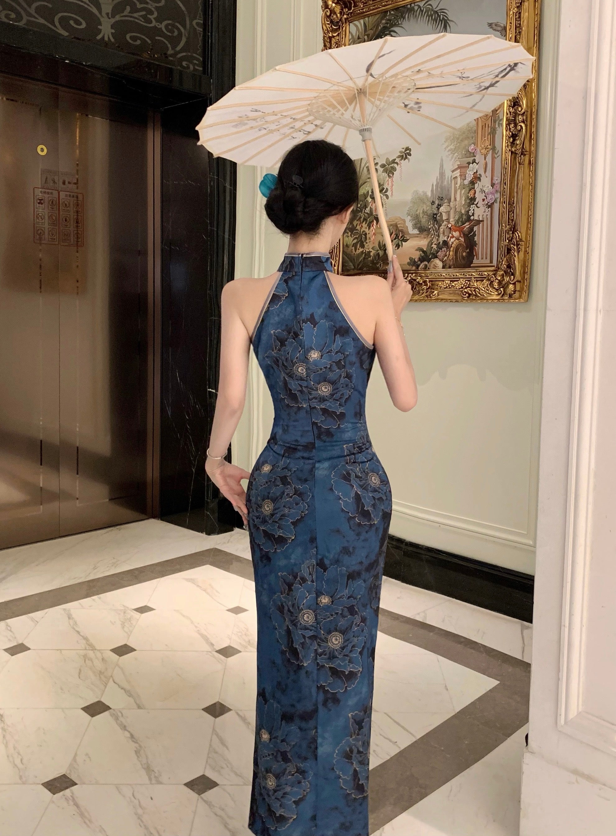 Peony Print Halterneck Cheongsam | Modern Qipao Dinner Dress