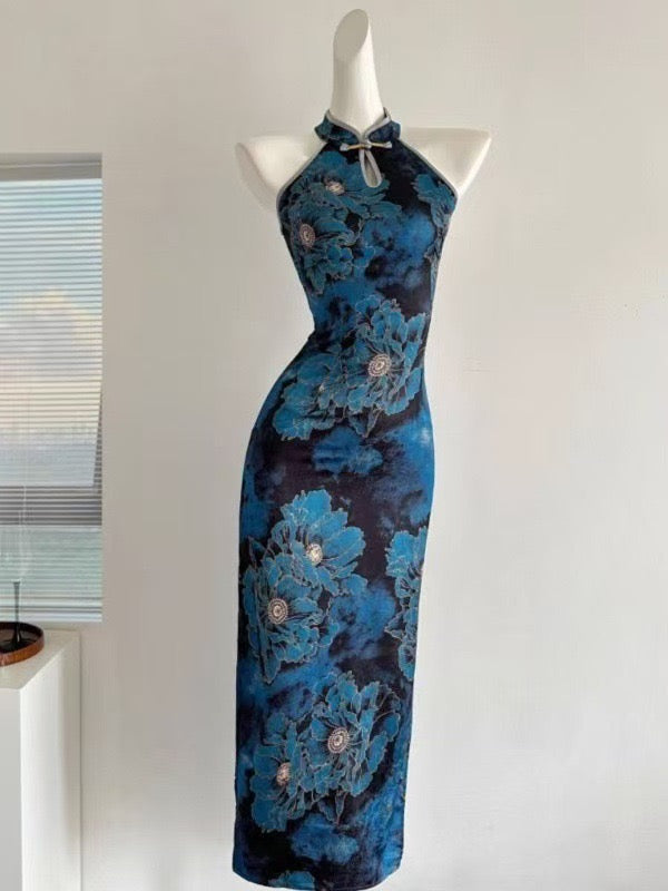 Peony Print Halterneck Cheongsam | Modern Qipao Dinner Dress