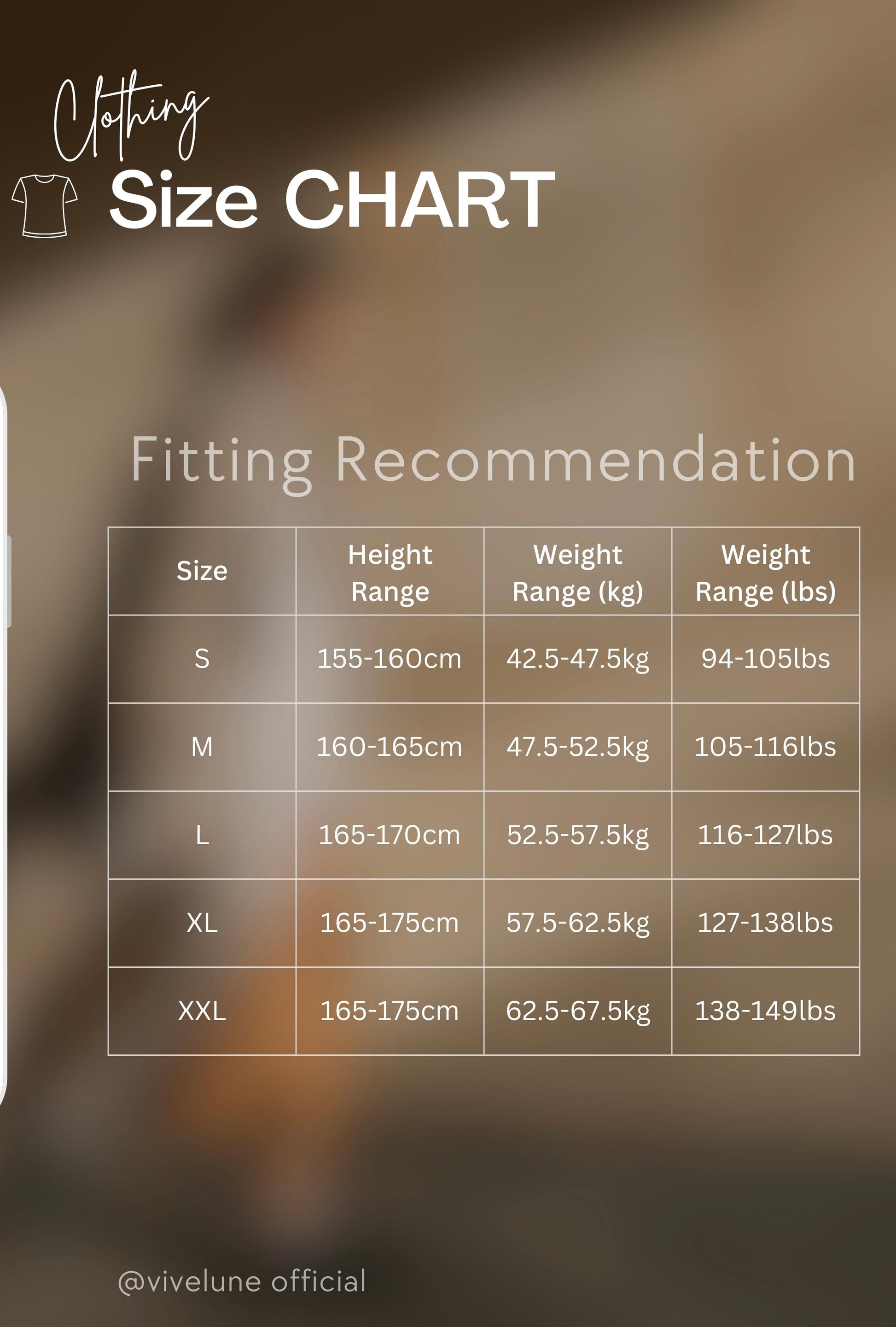 Clothing size chart with fitting recommendation for shirts, showing height and weight ranges.