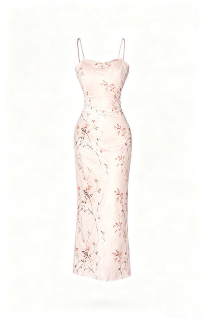 The Caramel Muse Dress | Floral Bodycon Midi | Double-Strap Detail