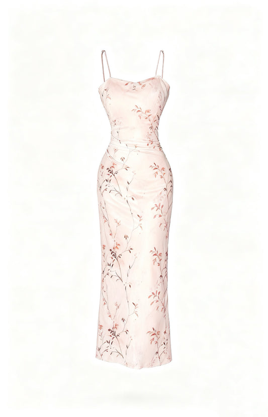 The Caramel Muse Dress | Floral Bodycon Midi | Double-Strap Detail