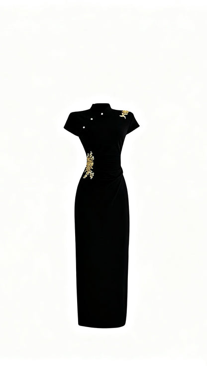 The Gala Qipao | Black & Gold Embroidered Dress | Modern Heirloom
