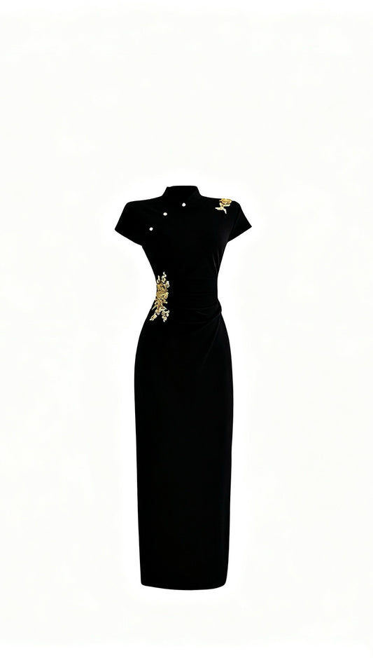 The Gala Qipao | Black & Gold Embroidered Dress | Modern Heirloom