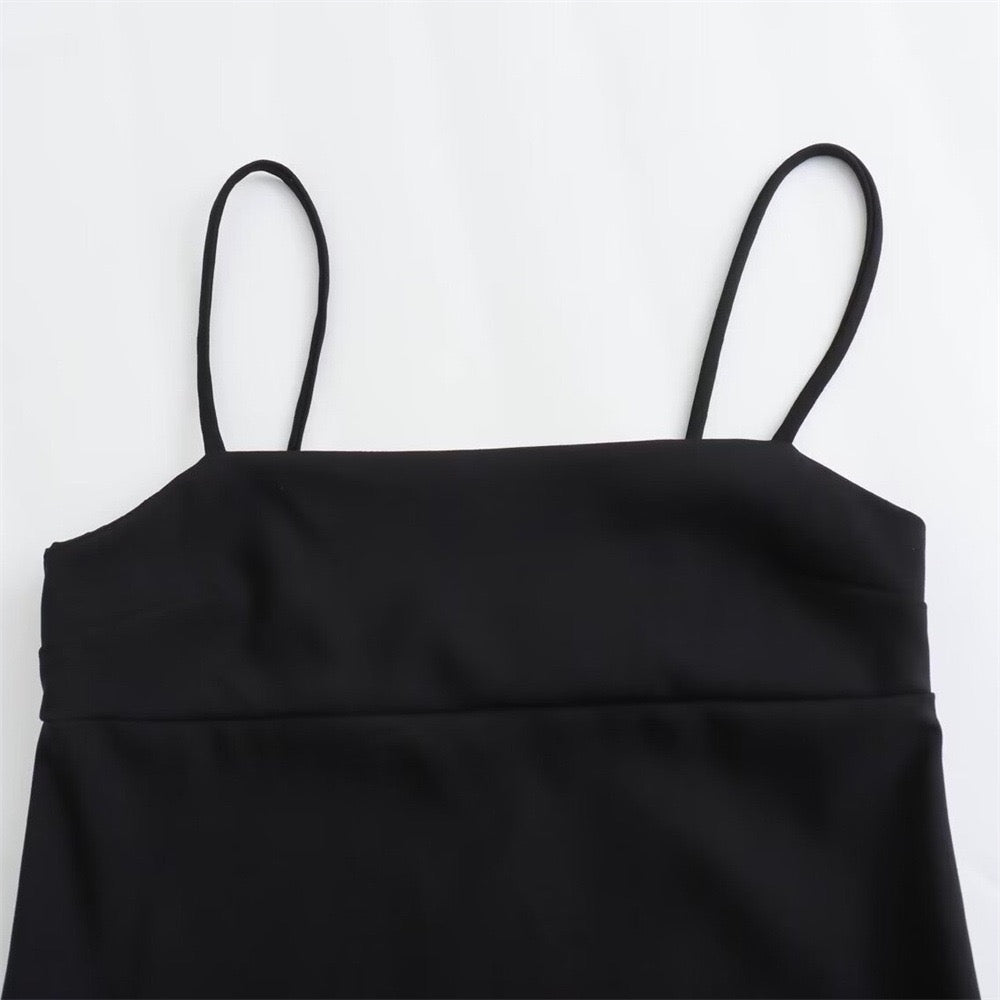 Elegant Black Strappy Midi Dress with Side Zipper | Vivélune