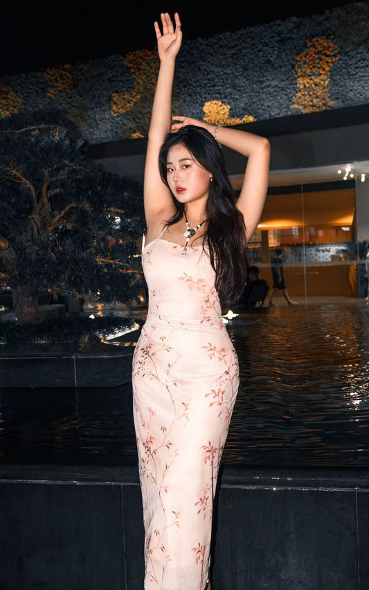 The Caramel Muse Dress | Floral Bodycon Midi | Double-Strap Detail