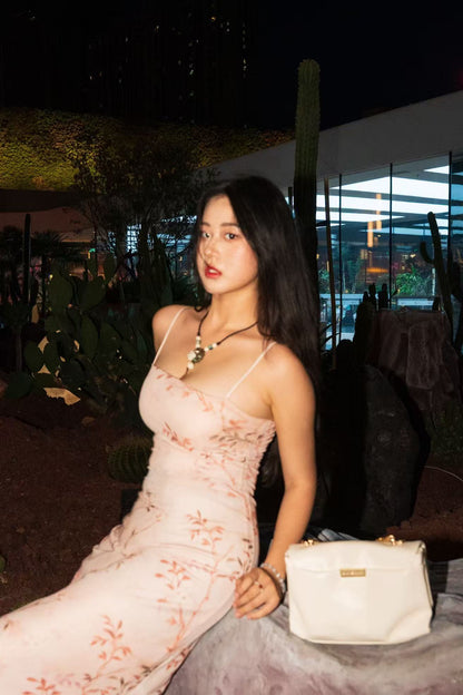 The Caramel Muse Dress | Floral Bodycon Midi | Double-Strap Detail